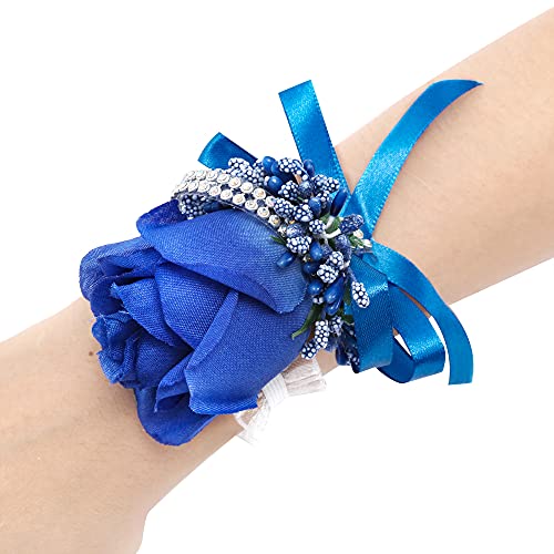 Wrist Corsage, 4 Packs, Royal Blue, Artificial Silk Roses, Hand Flower for Bride Bridesmaid, Perfect for Wedding, Prom, Party - color: Corsage-royal Blue, size: 4 Packs