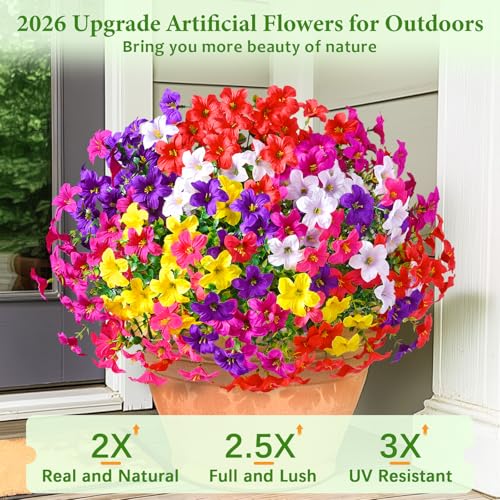 MARTINE MALL 12 Bundles Look Real Artificial Flowers for Outdoors, Realistic Fake Outdoor Flowers, UV Resistant Silk Petunia Flowers for Outside Faux Flowers for Outdoor Garden, Mixed Color - color: Mixed Color-b, size: 12 Bundles