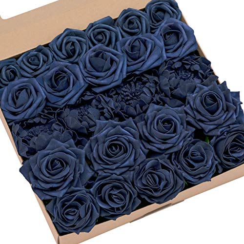 Ling's moment Artificial Flowers Fake Roses Faux Foam Peony Combo for DIY Wedding Bouquets Centerpieces Arrangements Bridal Shower Party Home Decorations, Navy Blue, 24pcs - color: Blu-navy Blue