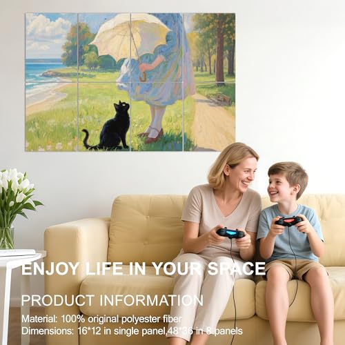 Mollywell Art Acoustic Panels, 48x32 in, Black Cat, Umbrella and Seaside | Self-Adhesive, Reduces Echo, Sound Absorbing, Modern Art Wall Decor, Living Room, Studio, Bedroom, Office - color: Black Cat, Umbrella and Seaside, size: 8 Pack Art