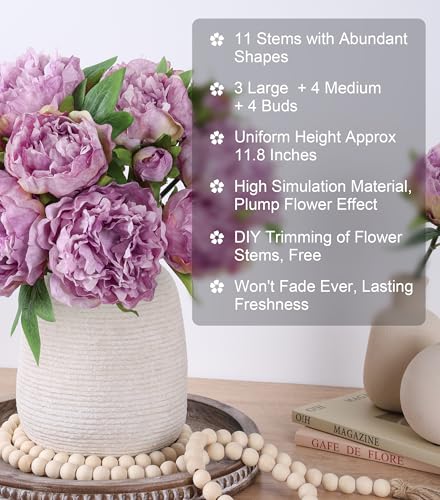 florisso Purple Peony Artificial Flowers - 11 Branches Faux Peonies for Home Decoration, Wedding Centerpieces & Party Decor (Silk Artificial Flowers) - color: Peony-purple