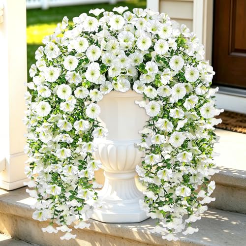 Artificial Flowers for Outdoors, 6-Pack 420 Blooms UV Resistant Hanging Morning Glory Silk Flowers Vines, Realistic Fake Plants Outside Decroation for Porch Patio Balcony Yard Garden (White) - color: White