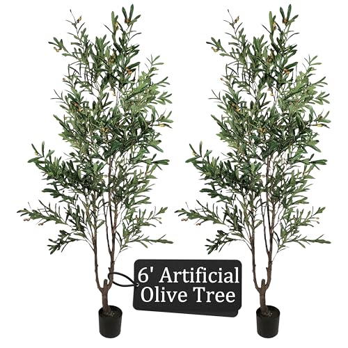2-Pack Real Touch Faux Olive Tree with 1390 Leaves & 86 Olives, Indoor Potted Fake Plants, Nearly Natural Artificial Plants for Mediterranean Home Decor (Green, 6ft Olive) - size: 6ft Olive