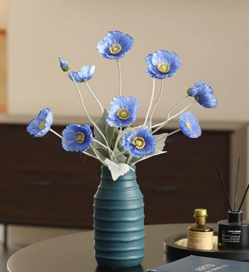 3Pieces Blue Poppies Flowers Artificial,23"Ranunculus Artificial Flowers,Silk Flowers with Stems,Faux Flower Stems for Wedding,Party,Garden Outdoor Indoor Decor Flower Arrangements for Table (Blue) - color: Blue