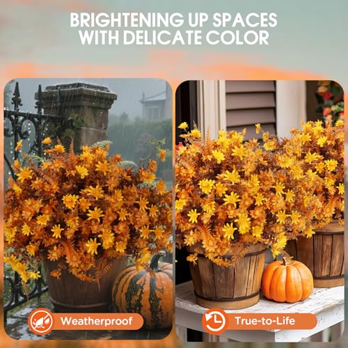 36pcs Fall Fake Flowers for Outdoor Realistic Artificial Flowers for Outdoor UV Resistant Faux Mums Plastic Autumn Flowers No Easy Fade Fall Thanksgiving Fall Flowers for Porch ＆Planter - color: Yellow ＆ Orange ＆ Brown（with Fall Ferns）, size: 36 pcs
