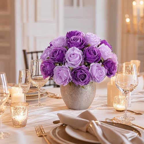 Ivydale 18pcs Violet Purple Roses Artificial Flowers, Fake Roses Silk Flowers with Stems Realistic Bouquet for Mother's Day Wedding Party Home Decoration DIY Centerpiece Floral Romantic Gifts - color: Rose-mixpurple
