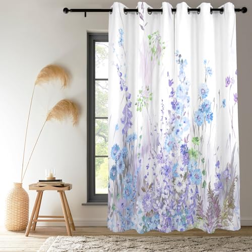 Renaiss Purples Blue Floral Print Blackout Curtains, Pastel Wild Flowers Thermal Insulated Bedroom Window Curtains, Spring Floral Art Window Curtains for Kitchen, 45" L x 29" W 2 Panel Set - color: Light Purple, size: 29"W x 45"L (Pack of 2)