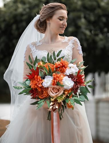CherishedMoments Bridal Wedding Bouquet,18 Inch Burnt Orange Artificial Flowers Bridal Cascading Bouquets, Vintage Fall Wedding Bouquets for Wedding Ceremony and Anniversary - color: Burnt Orange