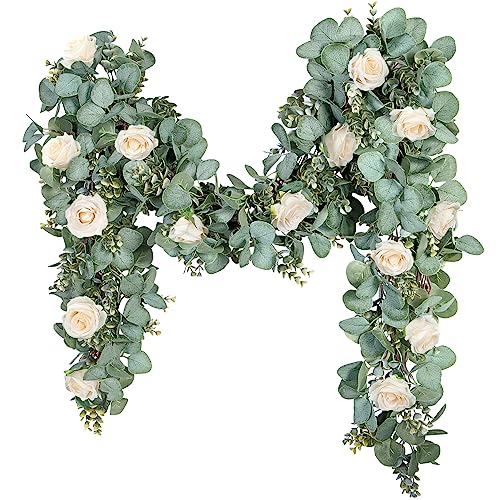 Ouddy Decor Eucalyptus Garland 6.56 Ft Lush Silver Dollar Leaves Boxwood Artificial Faux Greenery Vines for Baby Shower Wedding Party Table Runner Room Home Mantle Decor, Champagne - color: Champagne, size: 1 Pack