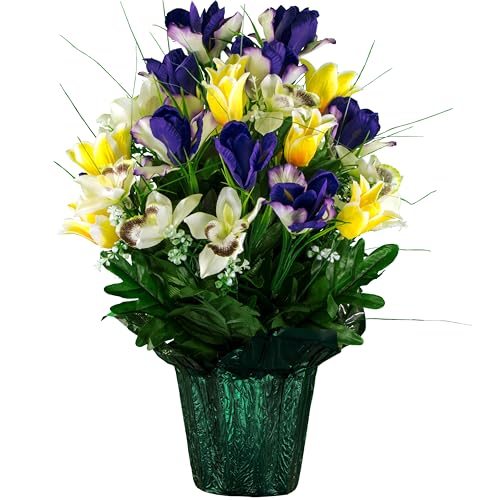 Sympathy Silks Artificial Cemetery Flowers - Grave Decoration - Yellow Tulips and Purple Iris (1) Potted Arrangement - color: Yellow/Purple, size: (1) Pot