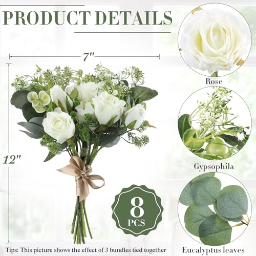 Set of 8 Bridesmaid Bouquets 7 Inch White Wedding Bouquets Faux Flowers Rustic Fake Floral Centerpieces for Bridal Marriage Proposal Party Anniversary Dining Table Ceremony (Eucalyptus)