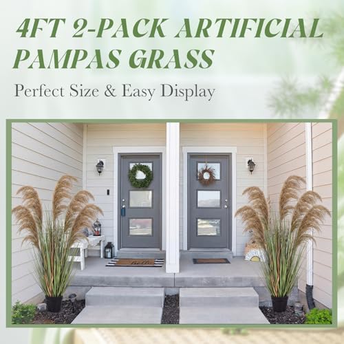 Jexine 2 Pcs Pampas Grass Potted Plants 4 ft Tall Artificial Grass Potted Artificial Greenery Floor Plants Tall in Pot for Housewarming Gift House Garden Bathroom Lobby Outdoor Decoration (Fall) - color: Fall, size: 4 ft