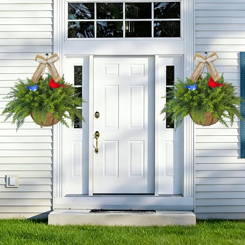 Artificial Hanging Plant Flower Baskets Set of 2, Faux Ferns with Birds and Linen Bows, Fake Planters Hanging with 24 Pcs Cypress Leaves, UV Resistant for Spring Summer Outdoor Porch Garden - color: Green