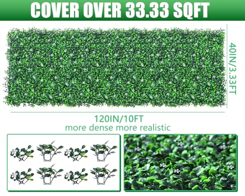 Grooy Artificial Boxwood Roll Panels with Flowers,40"x 120"(33.33 sq.ft) UV-Anti Faux Ivy Leaves Privacy Fence Screen Grass Wall Roll Panels for Indoor Home Decor and Outdoor Garden Backyard - size: 40X120IN