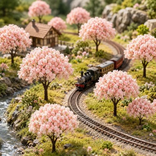 LOGOFUN 30pcs Miniature Cherry Blossom Trees | Mini Model Trees; For Train Railway Architecture Diorama Dollhosue Micro Landscape Sand Table Decor