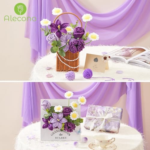 Alecono Crochet Flower Bouquet, Purple Knitted Flowers, Large Knitted Flower for Graduation Anniversary Party Christmas Festival Gifts (Include Card) - color: Lavender, size: X-Large