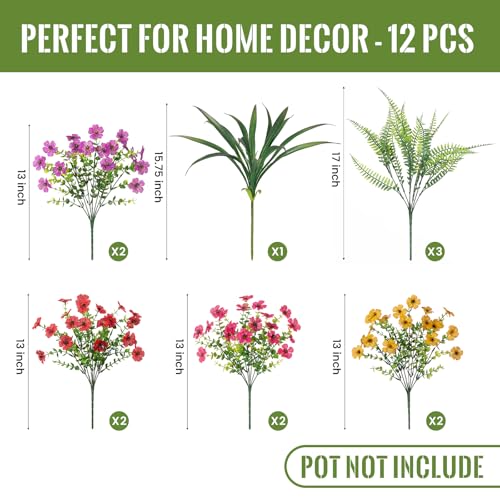 INXUGAO Artificial Fake Flowers Plants for Outdoor Spring Summer Decor, 12 Bundles Faux Silk Flowers for Outdoor Outside Planter Colorful Daisy UV Resistant Look Real for Front Door Porch Patio Yard - color: Mix 4 Colors Flowers+ferns+grass
