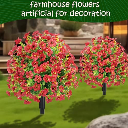 23" Set of 2 Spring Artificial Boxwood Topiary Ball Tree with Spikes,UV Resistant Fake Outdoor shrubs with Violet Flowers, Realistic Faux Plants Bushes for Garden Front Porch Yard Patio (Red)