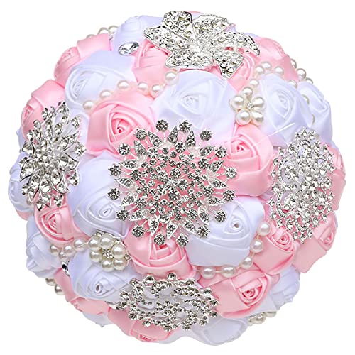 Sharebeauty 7.9 Inch Handmade Satin Rose Bridal Bouquet Toss Round Wedding Bouquet Throw Toss Artificial Flower Bunch Pink + White - color: W3217d16 Pink/White