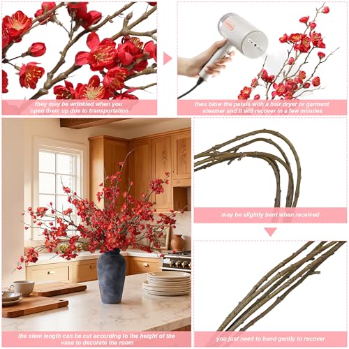 florisso 6 PCS Artificial Cherry Blossom Branches Spring Indoor Decoration, Faux Red Flowers 34.45" Long Stems Fake Plum Peach Plants Real Touch Silk for Wedding Home Bedroom Party Table Office - color: A-red