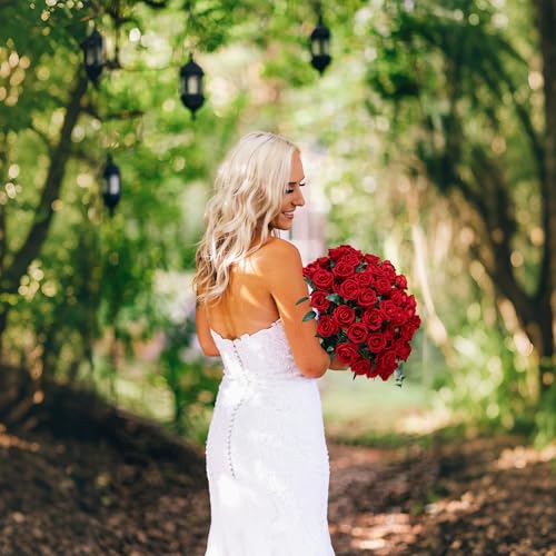 HyeFlora 50 PCS Red Roses Artificial Flowers, Fake Roses with Stems Realistic Silk Roses for DIY Wedding Bouquets Tables Centerpieces Arrangements Party Baby Shower Birthday Home Decor Gift for Her - color: Red