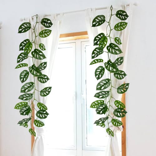2Pcs Artificial Monstera Leaves Vines 4ft Fake Hanging Plant Ivy Vines Greenery Garland Faux Tropical Vine Decor for Wall Jungle Luau Beach Birthday Party Indoor Outdoor Home Décor - color: Monstera#style 1