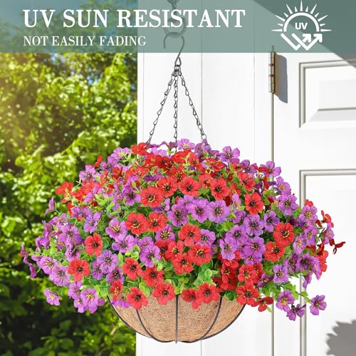 AGIRL Artificial Hanging Flowers with Baskets for Outdoors,UV Resistant Fake Hanging Plants for Outdoor Porch Patio Garden, Realistic Silk Flowers for Spring Summer Home Decor(Red Purple) - color: Red Purple, size: 1PCS
