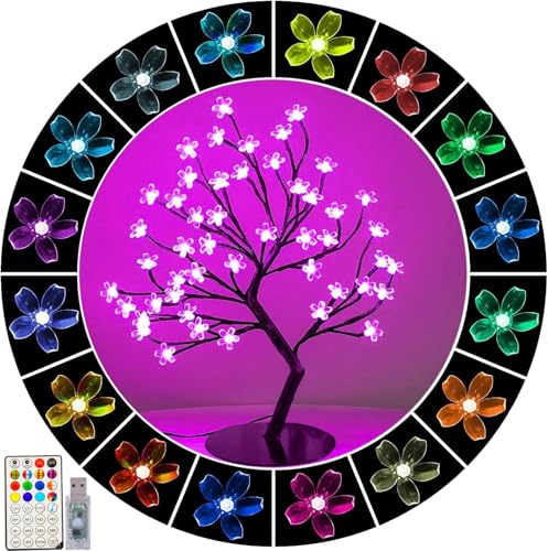 48 LED Cherry Blossom Tree Light, Color-Changing Cherry Flower Lamp，Artificial Bonsai Tree with Remote Lit Centerpieces Christmas Tabletop Night Lights for Halloween Wedding Party Home Decor