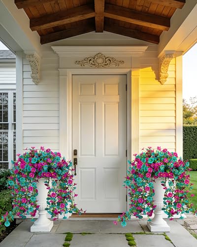 Cascading Fake Hanging Flowers for Outdoors,Realistic Artificial Hanging Plants Yard Decorations,4 Bundles UV Resistant NO Fade Silk Colorful Morning Glory for Outside Garden Planter Front Porch Decor - color: Teal+purple