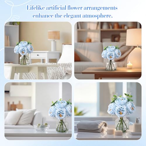 Norme Real to Touch Penoies Artificial Flowers, 6 Pcs Faux Austin Rose in Vase with Big Bloom and Fake Water Real Latex Petals for Wedding Dining Table Centerpiece Home Decor(Light Blue) - color: Light Blue