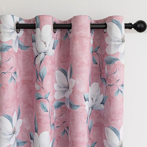 MYSKY HOME 95% Floral Blackout Curtains 63 Inch Length for Girls Bedroom Nursery 2 Panels Set Black Out Thermal Insulated Privacy Protect White Flower Patterned Grommet Drapes, 52" Wide, Pink - color: Pink, size: 52"W x 63"L (Pack of 2)