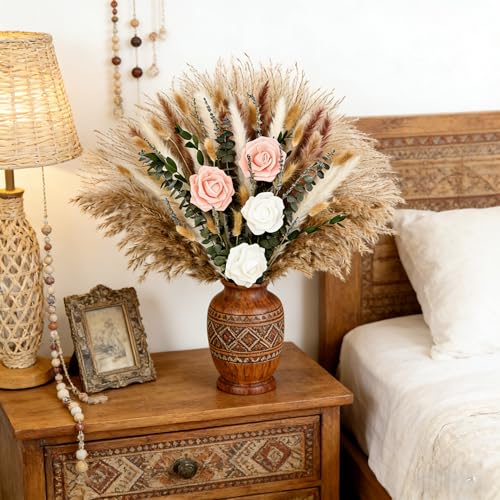 100Pcs Pampas Grass with Fake Roses Bouquet Fluffy Dried Plants with Eucalyptus Leaves Bunny Tails and Artificial Flowers for Vase Home Livingroom Boho Natural Decor Tables Centerpieces