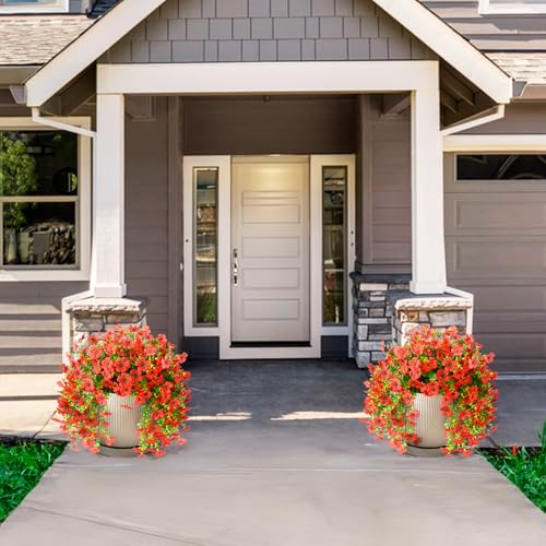 Homsunny Artificial Fake Hanging Flowers Plants for Outdoor Spring Decorations, 2 PCS Faux Daisy Silk Flower Outside No Fade UV Resistant Realistic Home Decor for Porch Patio Window Box (Red - color: Red
