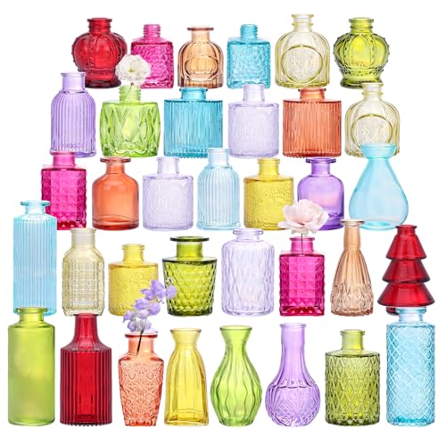 36 Pack Colorful Glass Bud Vase Set, Small Colored Vintage Vases for Centerpieces, Decorative Flower Vases for Wedding Home Table Decor - color: Colorful, size: 36pcs