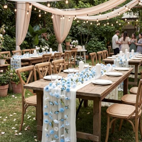 6 Pcs 35.4 Inch Artificial Hydrangea Flower Garlands with 3 Pcs 10 Ft Wedding Tulle Table Runner Wildflower Vines Floral Table Runner Garlands for Wedding Bridal Shower Spring Tea Party - style: Hydrangea