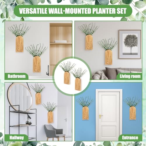 2 Pack 15" Wooden Wall Vase with 20 Pcs Artificial Eucalyptus Leaves Stems Planter, Boho Modern Farmhouse Bathroom Hanging Planter for Wedding, Hallway, Bedroom, Living Room - style: Modern