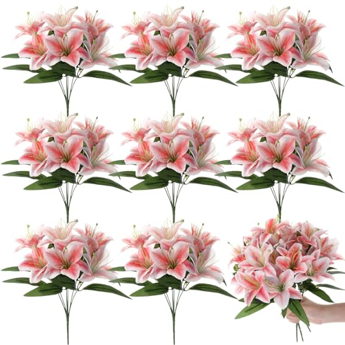 Giegxin 8 Pcs Artificial Tiger Lily Bouquets, Silk Faux Easter Lilies with 7 Heads, Realistic Spring Flowers for Wedding Centerpieces, Home Vase Decor, Party & Event Arrangements (Hot Pink) - color: Hot Pink