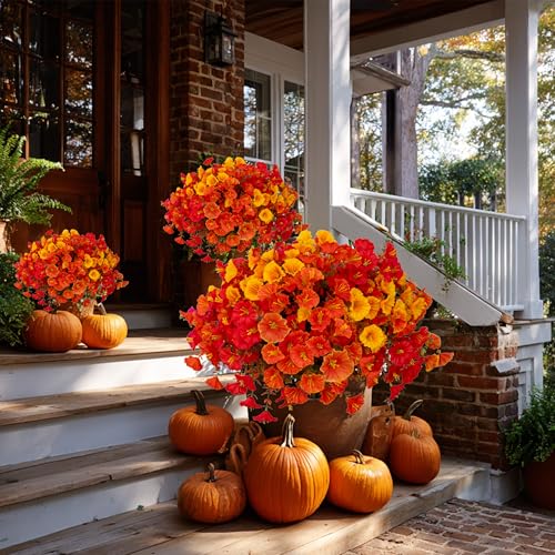 AXYLEX Artificial Fall Flowers Outdoor Fake Mums - 16 Bundles Fake Plants UV Resistant No Fade Faux Plastic Greenery Garden Morning Glory Home Decor (1, MixedFall 4 Colors) - color: Mixedfall 4 Colors