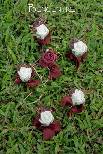 Burgundy & White Boutonniere for Men,Gothic Prom boutonnieres,Groom and Groomsmen Boutonniere for Wedding Ceremony Anniversary, Formal Dinner Party and Grad Night (Set of 6) - color: Burgundy&white, size: set of 6