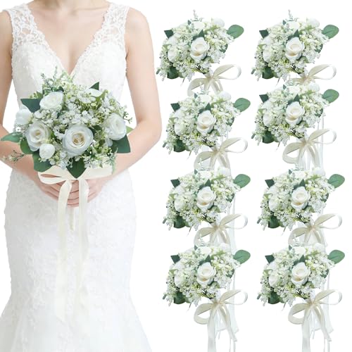Artificial Bridesmaid Bouquets Set of 8 - Ivory White 9 Inch Flower Bouquet for Wedding Party Ceremony Dinning Table Centerpieces Decor Faux Boho (Small Rose & Babys Breath & Ribbon) - color: Small Rose
