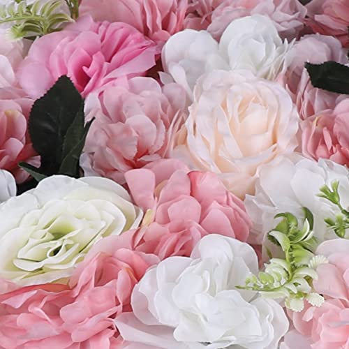 12 Pcs Artificial Flower Wall Panels 60x40cm 3D Flower Background for Wall, Wedding Flower Decorations Wall Silk Rose Panels for Candy Wall, Photo Areas, Stage Background Wall(Dahlia + Rose + Leaf) - color: Pink and White
