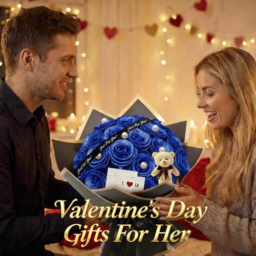 Blue Glitter Roses Bouquet Forever Flowers, 36 Pcs DIY Artificial Glitter Rose Bouquet with Bear & Butterfly, Eternal Flowers Gifts for Her, Girlfriend, Valentines, Birthday, Mother's Day - color: Fba-blue