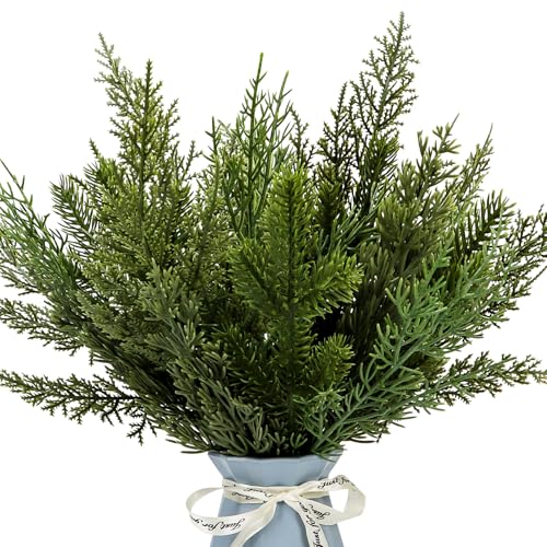 40 Pcs Artificial Pine Branches Assorted Faux Pine Stems Cedar Leaves Needle Sprigs Plastic Fake Christmas Greenery Pine Picks for Xmas Tree Wreaths Garlands DIY Accessories Home Decor (40, Green)