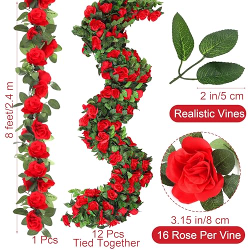 Aneco 12 Pack 96 FT Red Flower Garland Kentucky Artificial Rose Vines Derby Roses Fake Vine Flowers Plants Party Supplies for Kentucky Holiday Wedding Garden Craft Art Decoration - color: Red