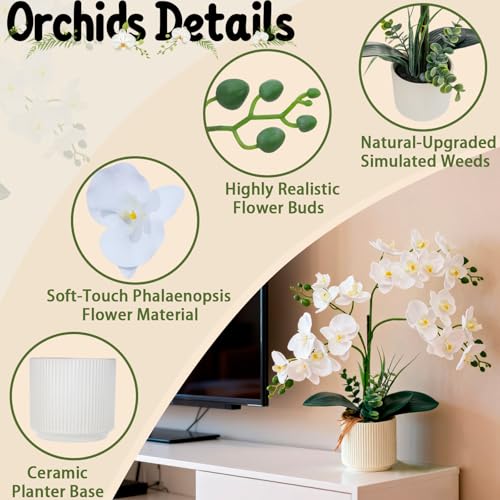 ucky White 15.7" 3D Lifelike Artificial Orchid Plant with 20 Heads, Realistic Faux Phalaenopsis in Ceramic Pot for Home Decor, Elegant Fake Flower Arrangement Table Centerpiece - color: White