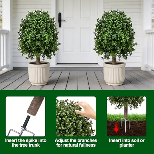 25" Artificial Boxwood Topiary Ball Tree - 2-Pack Realistic Touch Dual-Tone UV-Resistant Outdoor Fake Plant with Triangular Stake & Natural Trunk Texture, Faux Topiary Bush for Garden Porch Decor