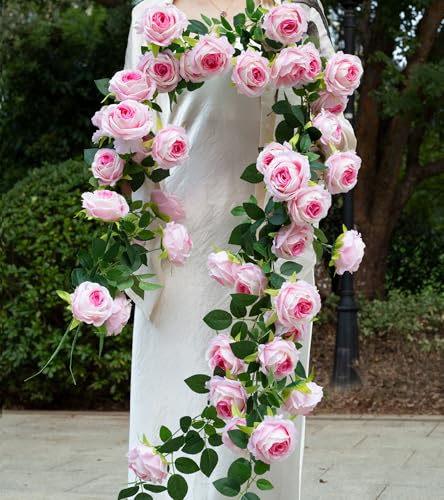2Pcs 12Ft Bendable Artificial Flower Garland Faux Rose Vine Hanging Floral Garland for Wall Decor Trellis Fence Home Room Garden Wedding Decoration(Pink, 2pcs) - color: Pink, size: 2pcs