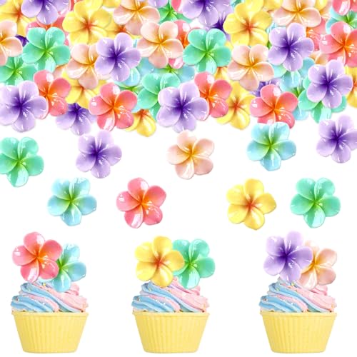 24Pcs Colorful Resin Frangipani Cupcake Toppers Hawaii Flowers Table Confetti for Floral Bridal Engagement Wedding Anniversary Party Hawaii Baby Shower Birthday Cupcake Picks Supplies - color: Frangipani