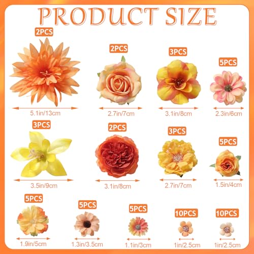Fake Flower Heads Bulk - Orange Silk Daisy & Rose Fall Artificial Flower for Crafts, DIY, Graduation Cap, Wedding, Party, Cake Topper, Home Garland Decor - color: Orange