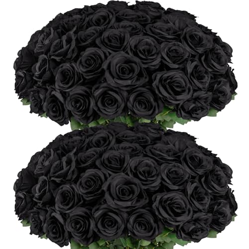 Ouddy Decor 50 Pcs Fake Roses Artificial Flowers Bulk Real Touch Velvet Silk Flowers with Long Stems for Wedding Bridal Bouquet DIY Table Centerpiece Mothers Day Valentines Gifts Home Decor, Black - color: Black, size: 50 Packs